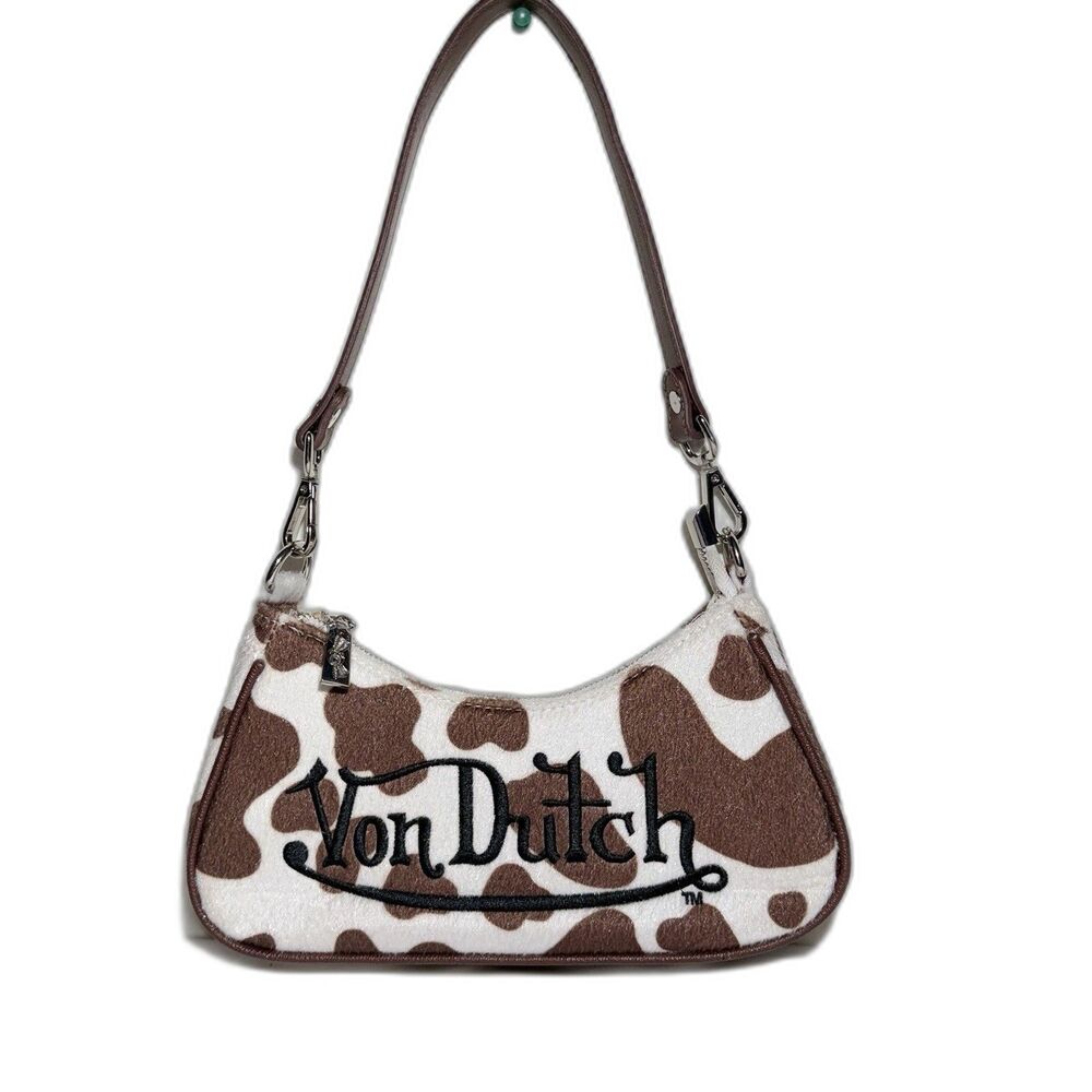 Von Dutch Y2K Brown White Cow Print Shoulder Bag Purse Faux Fur NWOT